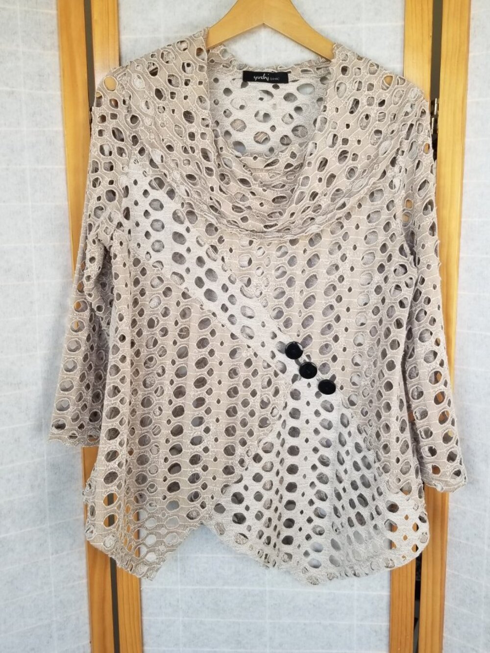 Yushi Womens Size Small Asymmetrical Cowl Neck Tunic Top Lagenlook Cut outs Tan